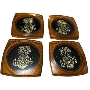 Vtg Hawaii Plastic Coaster Set 4pc MCM Souvenir Brown  Made in Hong Kong
